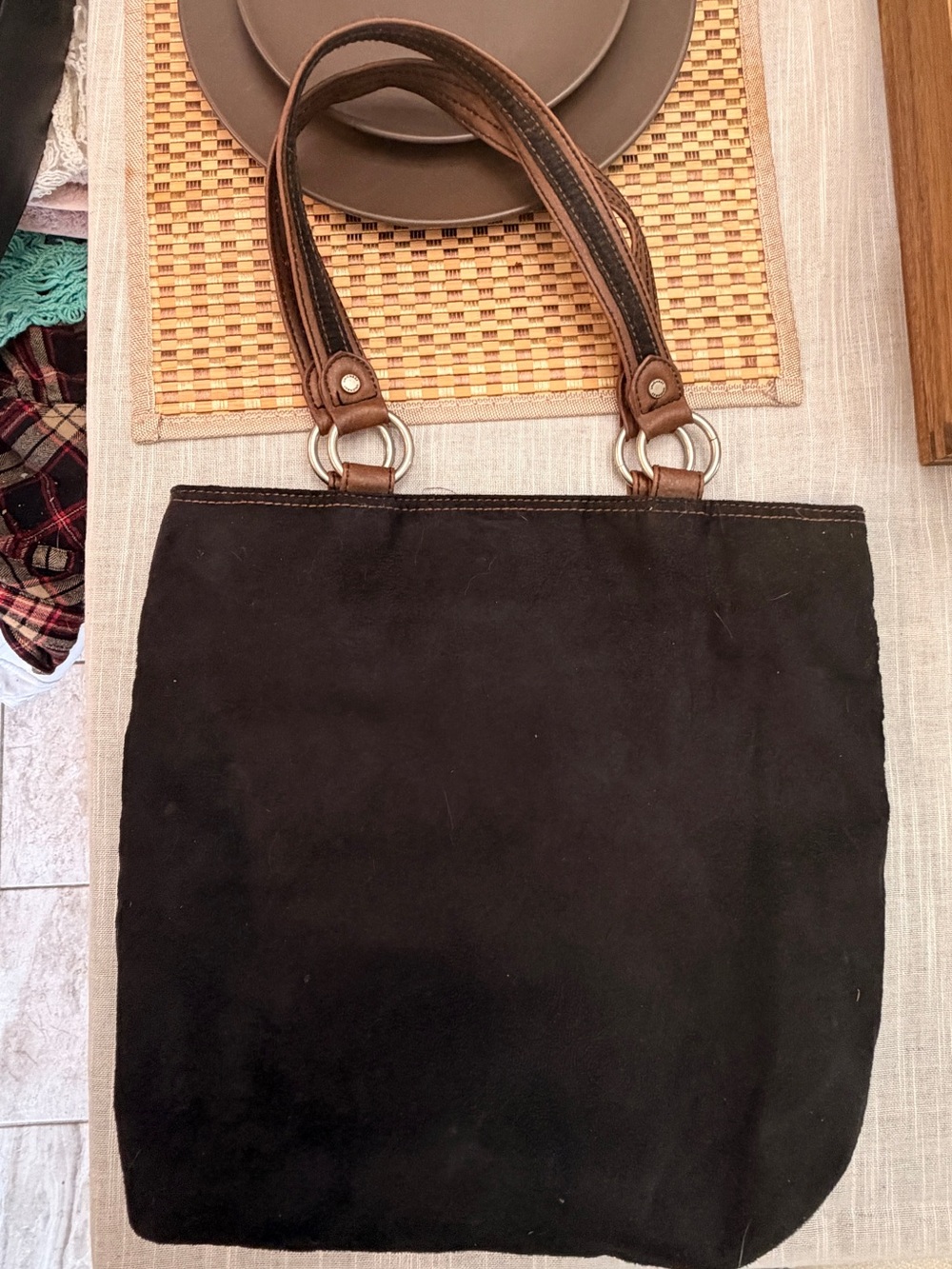 Vintage 2000s Unionbay Black Suede Shoulder Tote Bag Brown Leather Trim Y2K - Picture 3 of 12
